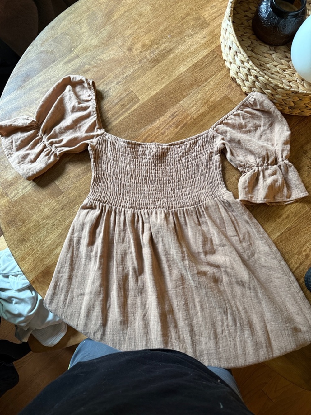 Smocked Off-Shoulder Peasant Top - Beige